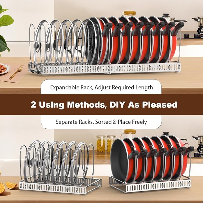 Housolution Pot and Pan Lid Organizer Holder Storage Rack, Silver | 12"-23" Expandable, 14 Adjustable Dividers, Sturdy Stainless Steel Construction, Easy Assembly