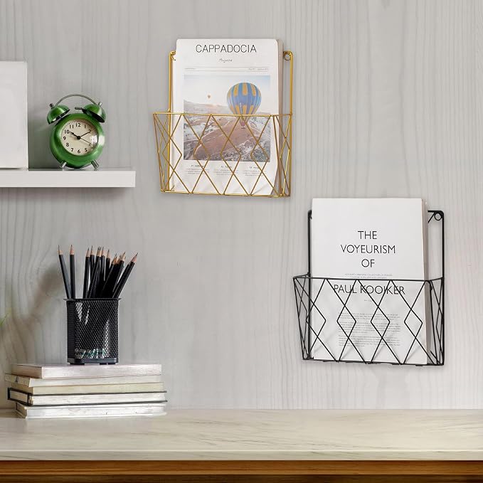 Wall-Mounted File Organizer, Metal Wall File Holder, Magazine Rack, Space-Saving Design, Ideal for Home Office, Workspace, and Study Room Organization (Gold)