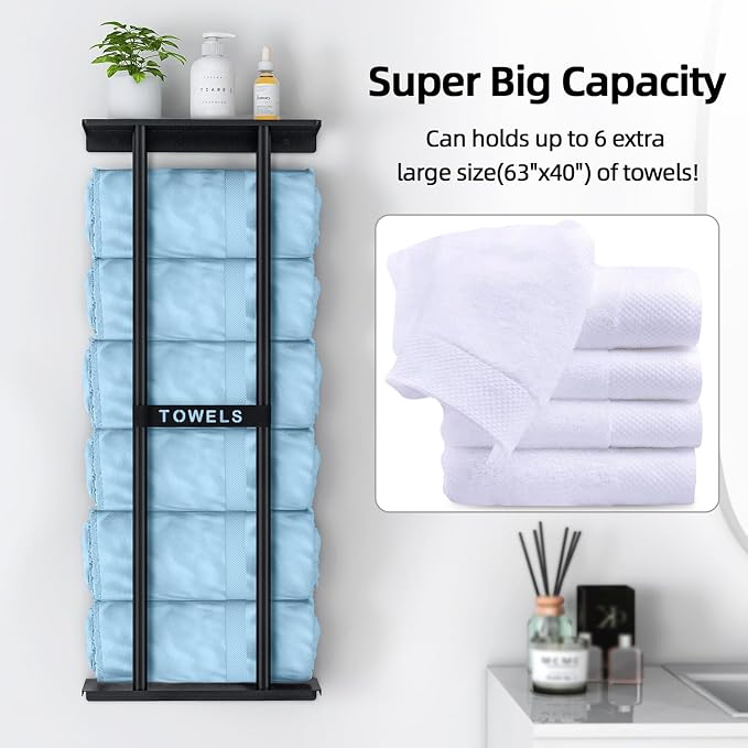STWWO Towel Racks for Bathroom, Bathroom Towel Storage Wall Mounted 30 inch with Shelf Can Holds 6 Large Towels, Wall Towel Rack for Rolled Towels, Black
