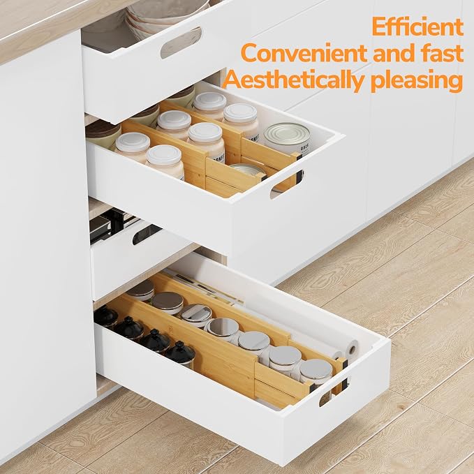 BAMEOS Bamboo Expandable Drawer Dividers – Fits 16.65"–22" Drawers, 4" Extra Deep Walls, Set of 4 | Maximum-Height Spring-Loaded Organizer for Deep Kitchen, Bathroom & Dresser Drawers