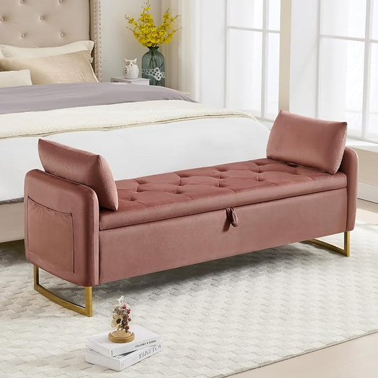 65" End of Bed Storage Bench, Modern Storage Benches for Foot with Tufted Button and Gold Legs, Upholstered Window Ottoman Benches with Armrests, Rose Gold