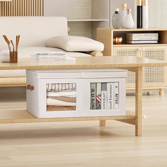 Univivi Large Storage Boxes with Lids, Collapsible Foldable Storage Bins for Clothes, [1-Pack] Fabric Storage Cubes with Handles, Closet Organizers for Home, Bedroom (Beige, 24” x 17” x 12") | 24 x 17 x 12 In Foldable Storage Boxes with Handles, Clear ...