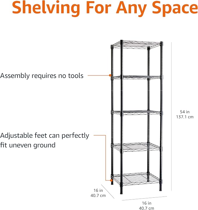Amazon Basics 5-Shelf Tower Adjustable Storage Shelving Unit for Garage, Rust-Resistant Steel, 150 lbs Per Shelf, 16"W x 16"D x 54"H, Black