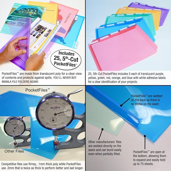 Ultimate Office StationMate Desktop Organizer + 25 5th-Cut PocketFiles | Project manager and file sorter for office or home; incline design puts all files in clear view; clear poly pockets