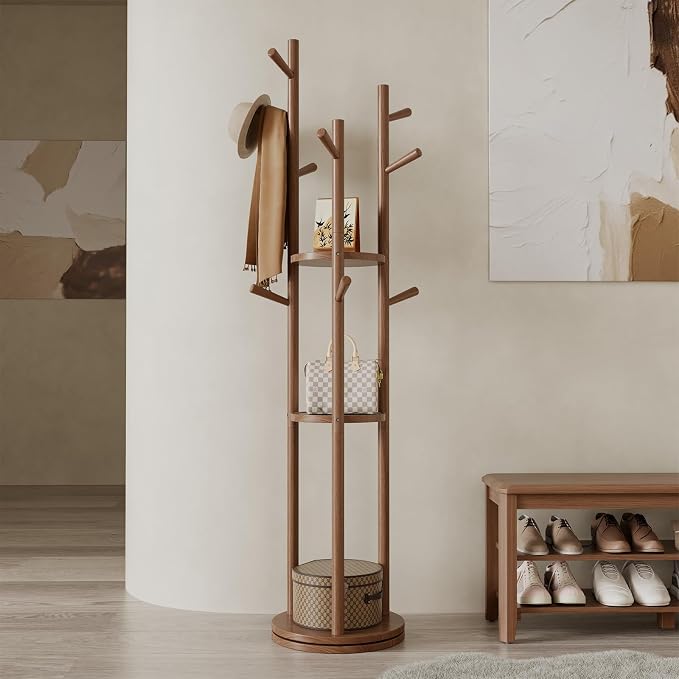 Muwuele Solid Wood Rotary Coat Rack, Freestanding Coat Rack with 3 Shelves and 9 Hooks, Coat tree for Bedroom, Entryway, Livingroom, Coat Hanger Stand for Coats, Scarves, Handbags (Walnut)