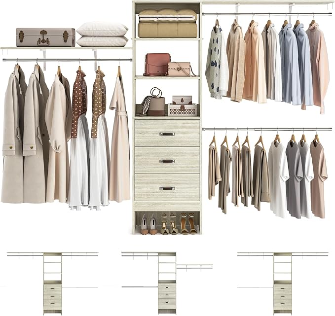 120 Inches Closet System, 10FT Walk In Closet Organizer with 2 Shelving Towers, Heavy Duty Clothes Rack with 3 Drawers, Built-In Garment Rack, 120" L x 16" W x 75" H, Load 1300 LBS, White Oak