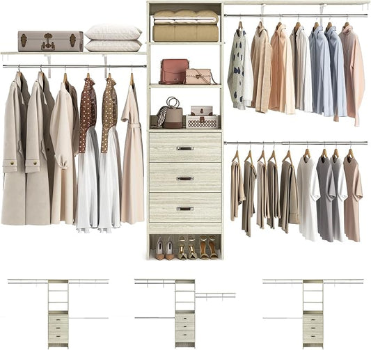 120 Inches Closet System, 10FT Walk In Closet Organizer with 2 Shelving Towers, Heavy Duty Clothes Rack with 3 Drawers, Built-In Garment Rack, 120" L x 16" W x 75" H, Load 1300 LBS, White Oak