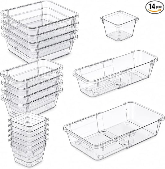 14 Pcs Extendable Clear Drawer Organizer, Adjustable Plastic Storage Bins, 3-Size Transparent Drawer Organizer Storage Tray for Makeup, Cosmetics, and Gadgets