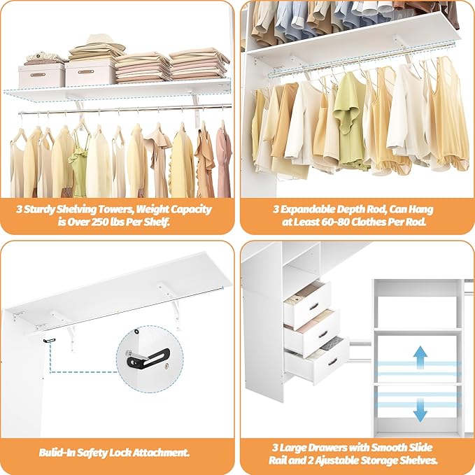 120 Inches Closet System, 10FT Walk In Closet Organizer with 3 Shelving Towers, Heavy Duty Clothes Rack with 3 Drawers, Built-In Garment Rack, 120" L x 16" W x 75" H, Max Load 1300 LBS, White