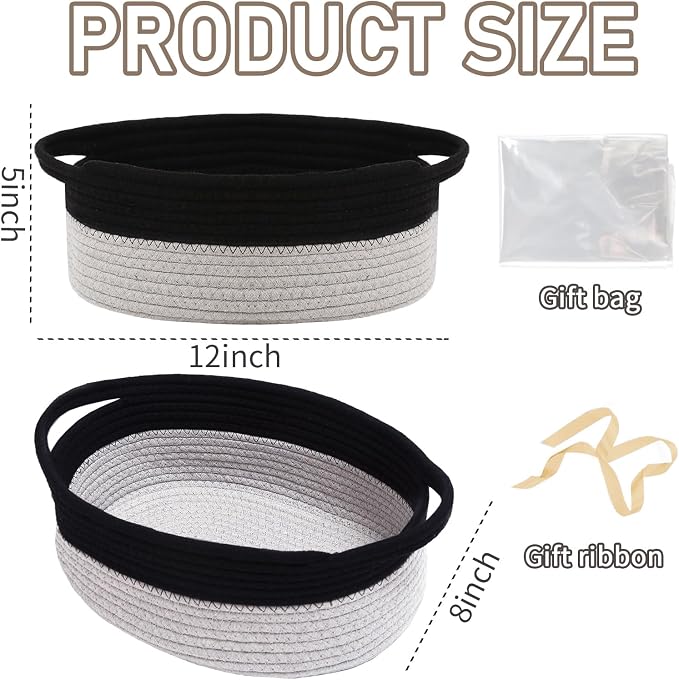 JMvicyroam Small Woven Basket, Empty Gift Basket, Black&Grey/3 Pack | Small Gift Basket, Cotton Rope, 12 x 8 x 80 in, Handles, Includes Ribbon and Bag, Birthday Gift Basket