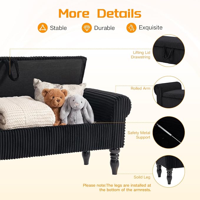 60" Storage Bench for Bedroom,End of Bed Bench with Storage | Corduroy King Size Bench with Rolled Arms,Storage Ottoman Benches for Living Room,Entryway,Benches for Foot of Bed,Black