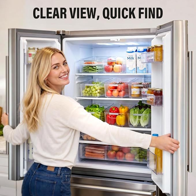 Pull Out Fridge Organizer Bins with Wheels, 8 Dividers, 2-Pack | Clear PET storage bins with handles, rear wheels and adjustable dividers for refrigerator, pantry and cabinet shelves