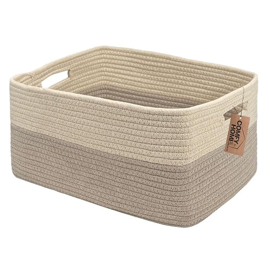 COMFY-HOMI Cotton Rope Woven Basket with Handles for Shelves,Toys,Book, Cloth Storage Baskets Bin for Organizing- 1 PCSToy Decorative Organizer for Living Room, Bathroom 17" x 13" x 7.5"