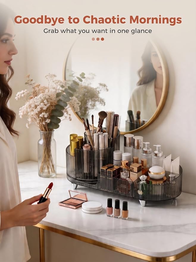 Booklov Rotating Makeup Organizer for Vanity Countertop, Smoke | Clear Acrylic Cosmetic Display Case, Large Beauty Brush Holder for Bathroom Counter, Skincare Lipsticks Storage
