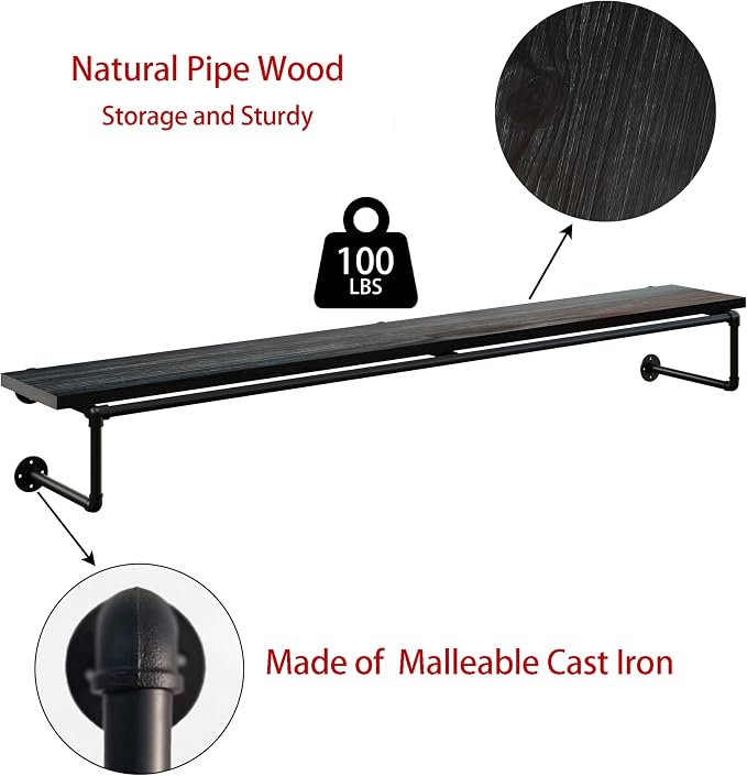 Clothes Rack 70in, Wall Mounted Garment Racks with Real Black Wood Shelf, Heavy Duty Hanging Clothes Rack, Multi-Purpose Hanging Rod, Space-Saving Closet Storage