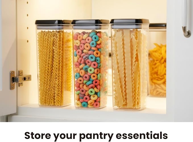 Felli Flip Tite TALL Storage Container with Lid 4" Air Tight Easy Open Ring Top, Clear Acrylic Skinny Canister Jar for Spaghetti Lasagna Fettuccine Noodle, Kitchen Cupboard Pantry Organizer (2.0 qt)