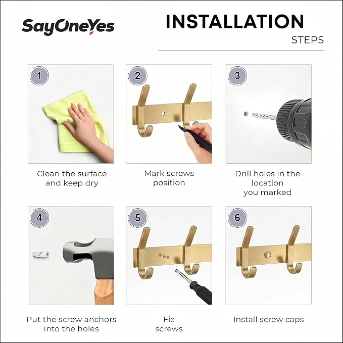 Brushed Gold Wall Mounted Coat Rack – 17 Inch Stainless Steel Rail with 6 Double Coat Hooks for Entryway, Bathroom, Bedroom, Kitchen – Modern Gold Hook Rack for Coats, Hats, Towels - 2 Pack