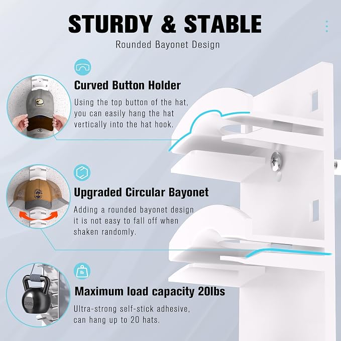 Hat Organizer for Baseball Caps 4Pack, Hat Rack for Wall with Strong Adhesive Hold up to 40 Hats, Hat Hanger Holder Display for Door Closet, Cap Organizer Storage Multilayer Two Mounting Option(White)