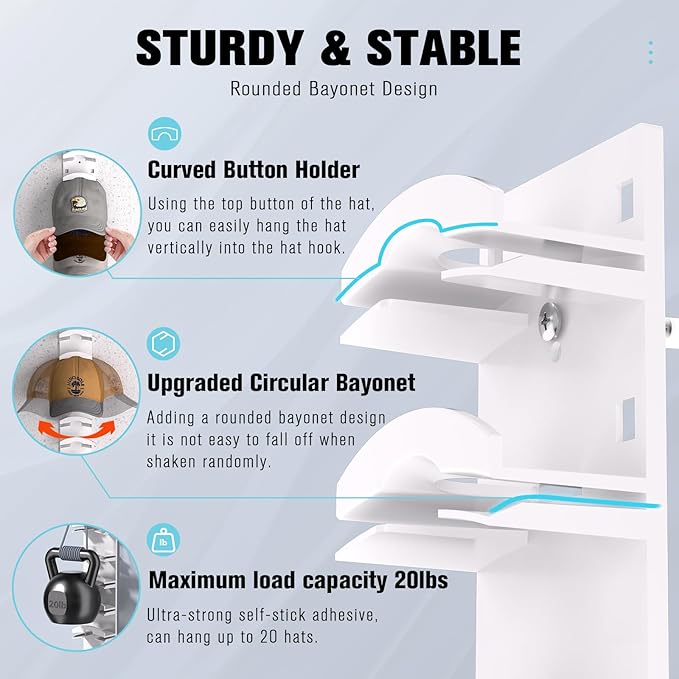 Hat Organizer for Baseball Caps, Hat Rack for Wall with Strong Adhesive Hold up to 10 Hats, Hat Hanger Holder Display for Door Closet, Cap Organizer Storage Multilayer Two Mounting Option(White)