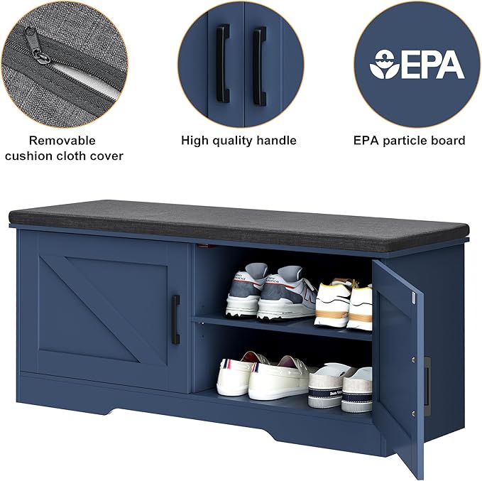 HOMSHO Farmhouse Shoe Storage Bench with 2 Barn Doors & Padded Seat Cushion | 39.4" Wide Entryway Bench with Adjustable Shelves & Hidden Storage, Blue
