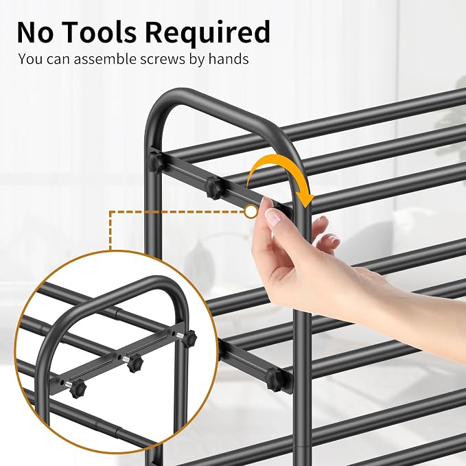 Hleelomi 4-Tier Metal Expandable Shoe Rack for Closet and Entryway, Black | Adjustable Shoe Organizer for Closet,Living Room,Dorm,Garage,Fits Small Spaces, Apartments and Rentals
