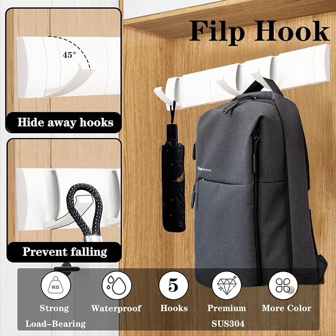 Folding Coat Hooks, Wall Mounted Coat Rack with 10 Retractable Hooks,Heavy Duty Towel Rack for Bathroom Wall Hook for Hanging Clothes Bathrobe, Stainless Steel Coat Hanger for Entryway(White)