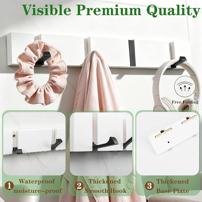 Wall Mounted Coat Rack, Heavy Duty Folding Coat Hooks Wood Retractable Wall Hooks for Hanging Purse Clothes Keys, Towel Hooks Rack for Bathroom Wall Coat Hanger for Entryway (4 Hooks,White)