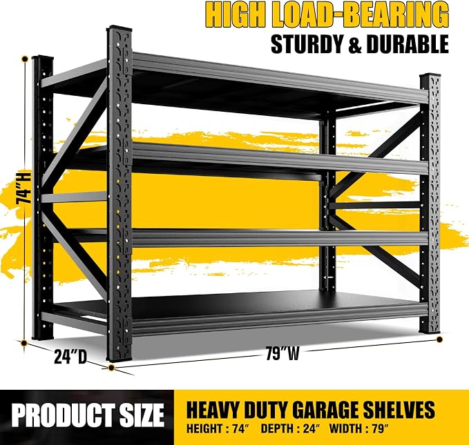 2-Pack 6000LBS Heavy Duty Garage Shelving for Large Garage & Warehouse Storage Organization, 4 Tier Adjustable Metal Storage Rack for Workshop, Basement & Storage Room, 79" W x 24" D x 74" H