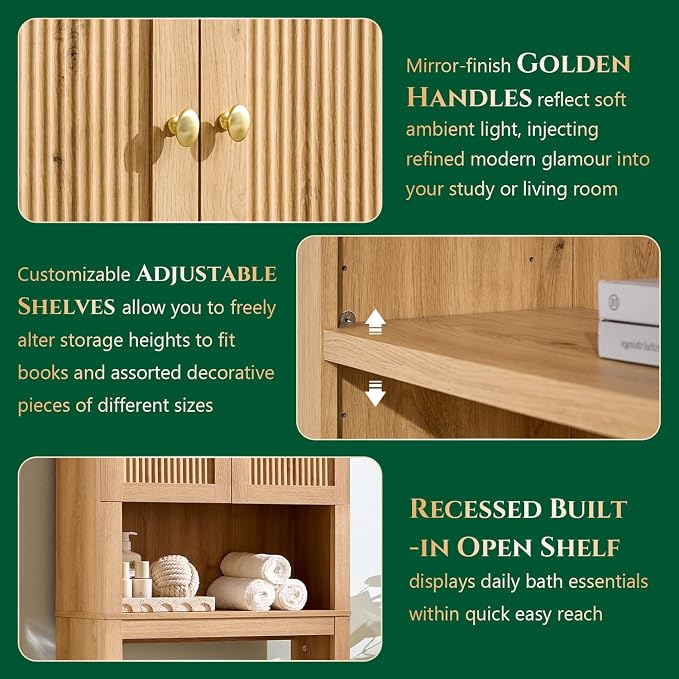 72" Over The Toilet Storage Cabinet, Modern Over Toilet Bathroom Organizer Shelf with Fluted Arched Doors, Wooden Free Standing Bathroom Storage Cabinet with Adjustable Shelf, Space Saver, Natural Oak