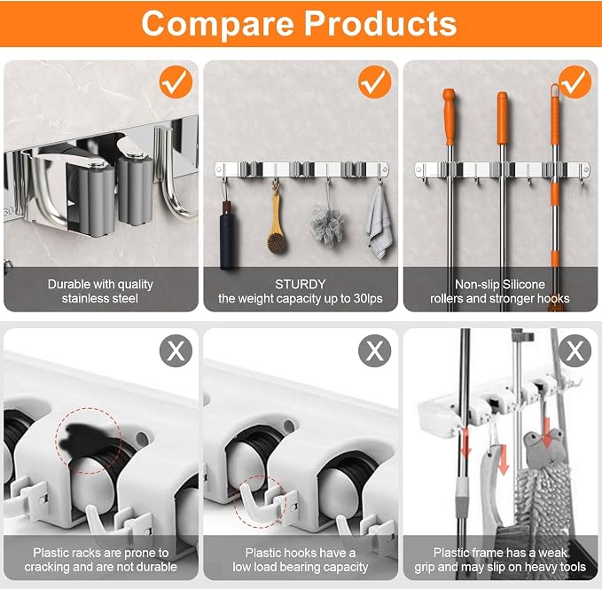 CUXIXA Mop and Broom Holder Wall Mount, Upgraded Broom Organizer Wall Mount, Stainless Steel Broom Hanger Wall Mount for Home Kitchen Garden Laundry Garage (5 Racks with 4 Hooks Black)