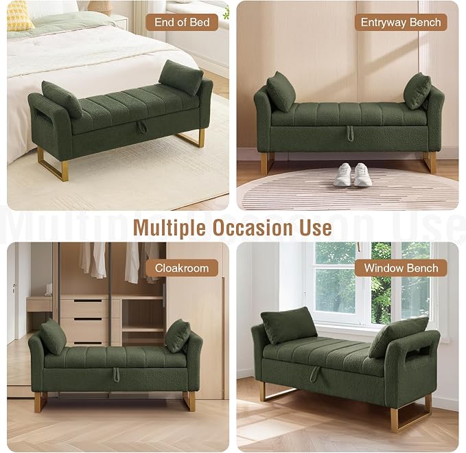 52" Storage Bench for Bedroom Upholstered End of Bed Bench Queen Size Green | Bedroom Benches for Foot of Bed Queen with Gold Legs,2 Pillows,Teddy Storage Ottoman Bench for Bedroom,Entryway,Cloakroom