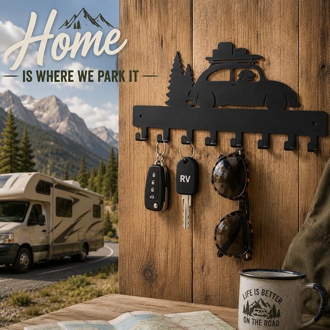 RV Decor Key Holder for Wall, Camper Key Rack with 8 Hooks, Black | Metal RV adventure decor with no-drill glue or screw mounting, ideal for entryway, hallway, living room, camper and RV