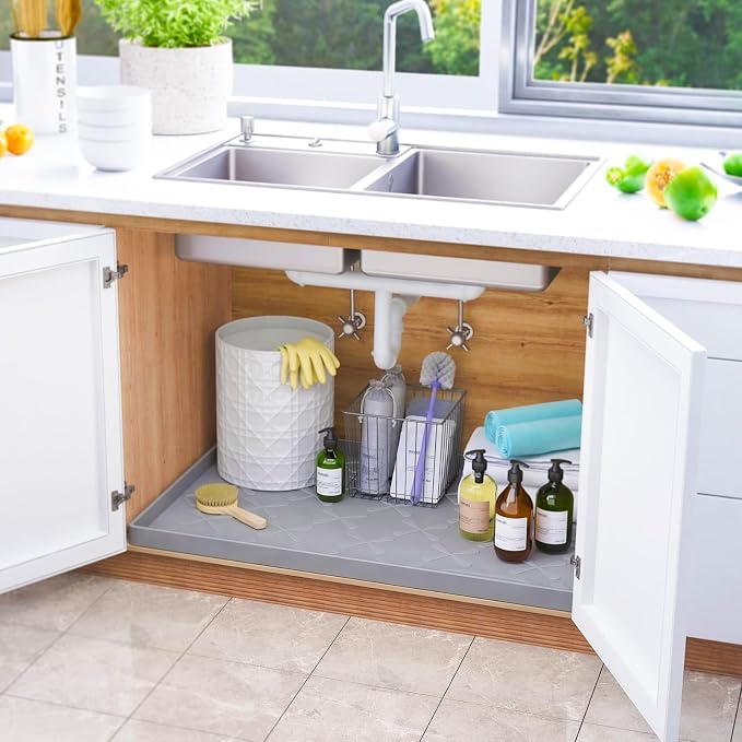 SIKADEER Waterproof Under Sink Mat Food-Grade Kitchen Shelf Liner 28" x 22" | Thick Raised Edge Cabinet Protector, BPA Free Kitchen Organizer and Storage, Non-Slip Dog & Cat Mat, Silicone Drying Mat
