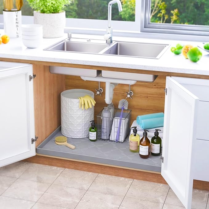 SIKADEER Waterproof Under Sink Mat Food-Grade Kitchen Shelf Liner 22" x 22" | Thick Raised Edge Cabinet Protector, BPA Free Kitchen Organizer and Storage, Non-Slip Dog & Cat Mat, Silicone Drying Mat