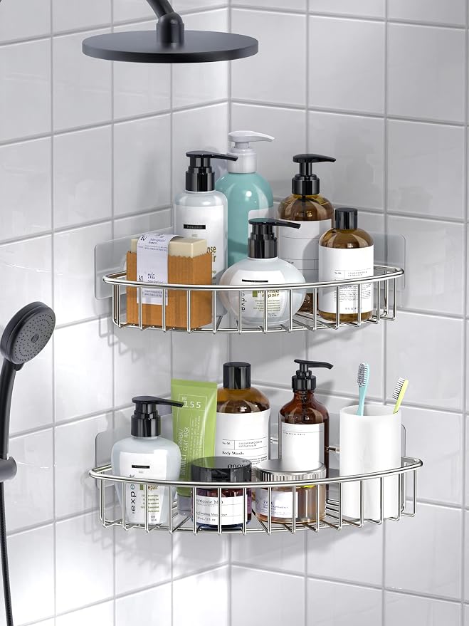 SMARTAKE 2-Pack Corner Shower Caddy, SUS304 Stainless Steel, Silver | Wall Mounted Bathroom Shelf with Adhesive, Storage Organizer for Toilet, Dorm and Kitchen
