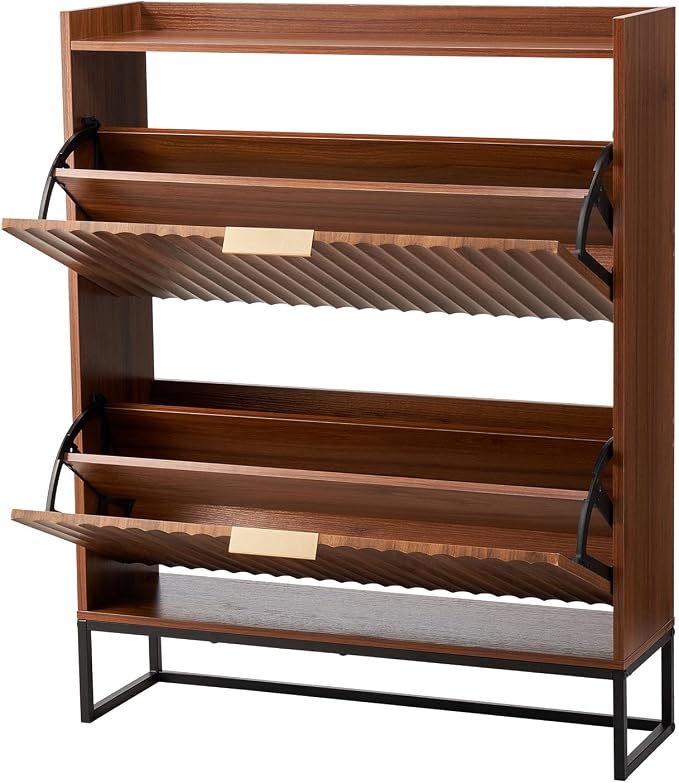 VEVOR Shoe Cabinet with 2 Flip Drawers, Mid-Century Shoes Storage Cabinet with Anti-Tipping Device, Freestanding Fluted Shoe Organizer, Ideal for Entrance, Hallway, Bedroom, Living Room, Walnut