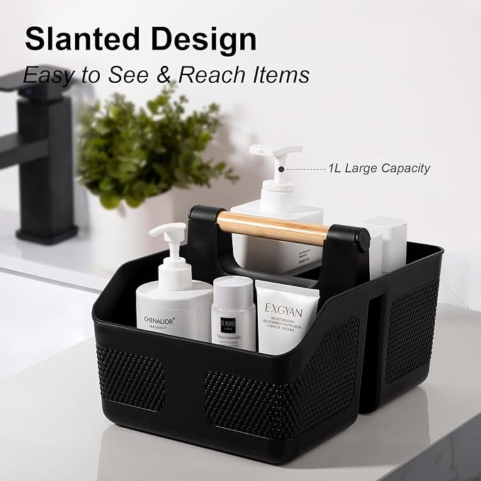 Plastic Shower Caddy Portable Shower Basket with Bamboo Handle, Black | Cleaning Caddy Organizer Storage Tote for Bathroom, College Dorm Essentials, Bath Toy Storage