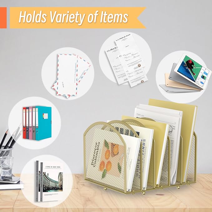 MINDEPOT Desk File Organizer 5 Sections Desktop Organizer File Sorter Office Organization File Folder Holder for Office School & Classroom (Gold, 5 Section - 1Pack)