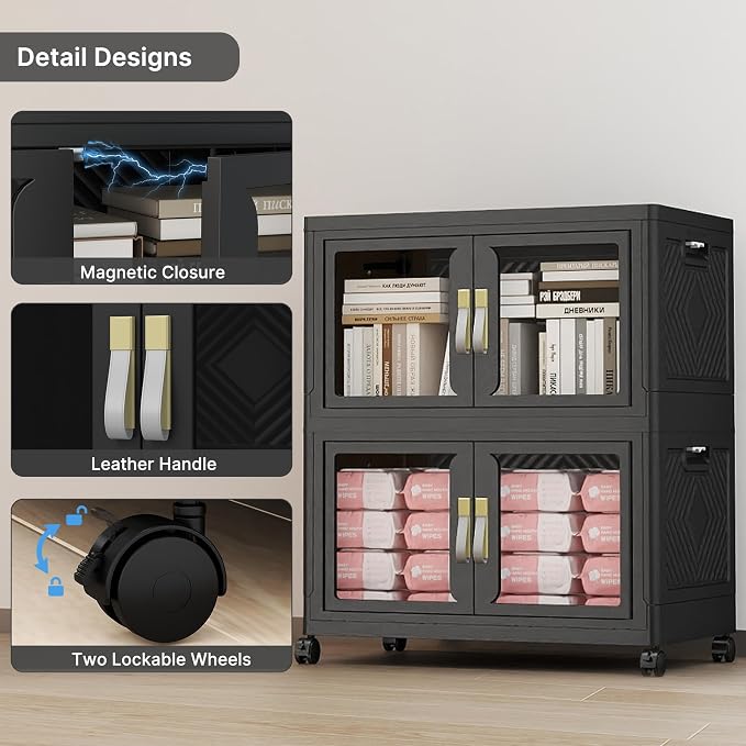Stackable Storage Bins with Lids, 240QT Extra Large Storage Cabinet | Clear Doors, Foldable Storage Drawers, Heavy Duty, Collapsible Closet Organizers for Bedroom Office (2, Black, 120, Quarts)