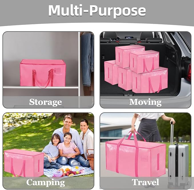 Extra Large Heavy Duty Moving Bags - Waterproof Storage Totes with Reinforced Handles & Zippers, Foldable for College Dorm Essentials, Clothes Storage & Travel (4-Pack Pink)