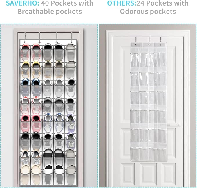 SAVERHO 40 Large Pockets Over the Door Shoe Organizer,Space-Saving Mesh Hanging Shoe Rack for Door Shoe Holder, Large Size 76.4" x 27.5" Ideal for Closet & Door Storage (White, 40 Pockets)