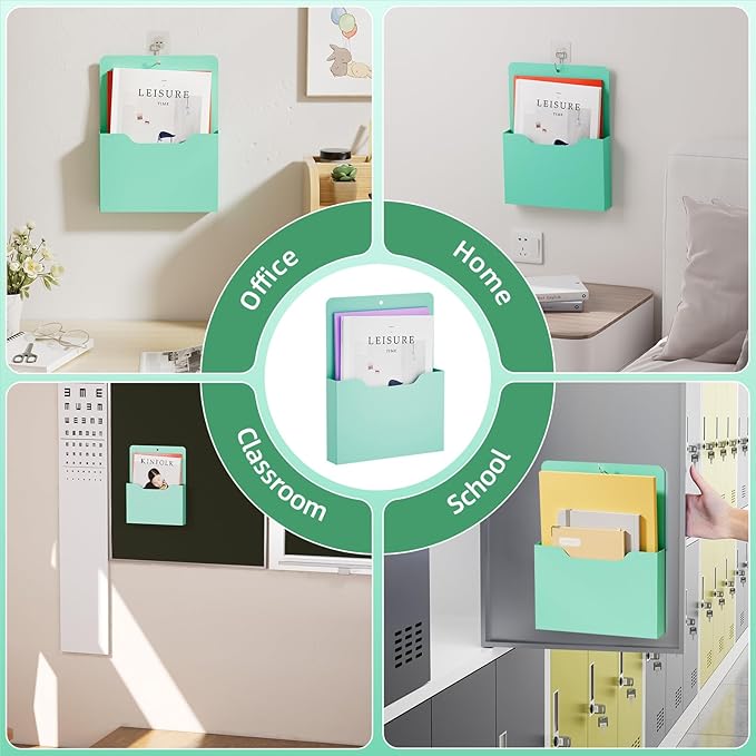 Marbrasse 2 Pack Magnetic File Holder - Paper Holder, Pocket Organizer,Hanging Wall File Organizer Office Supplies Storage, Magazine Mail Case for Notebooks,Planners,Letter (Green)