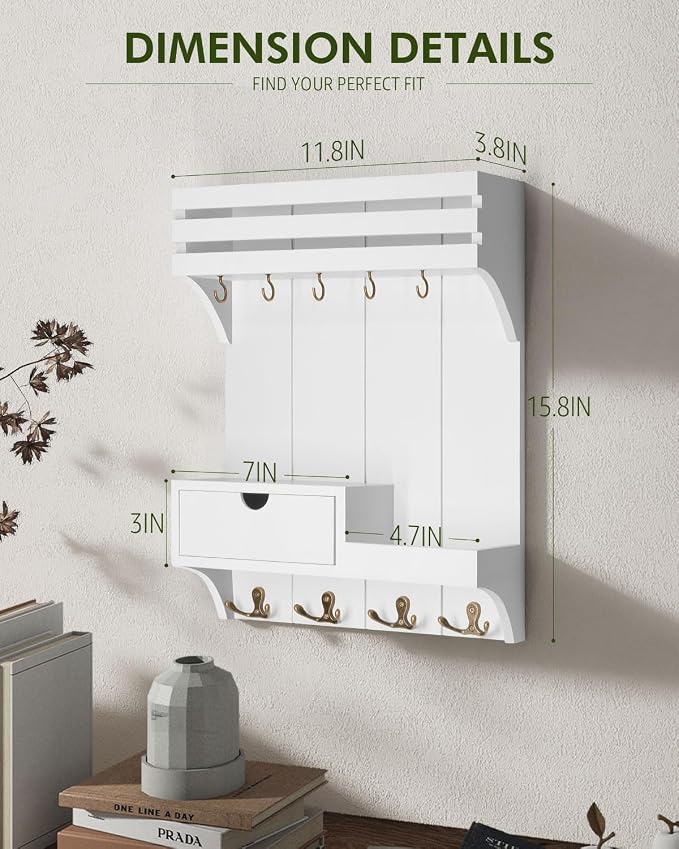 Rebee Vision Key Holder Wall Mount with Drawer & Shelf for Entryway, White | Sturdy Wood, Key Holder for Wall, 9 Sturdy Key Hooks, Wall Shelf, Drawer Organizer, Modern Home Decor, Decorative Storage
