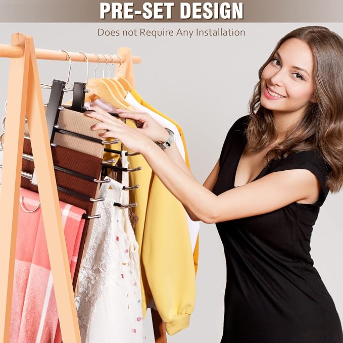 HUITEM 4 Pack 6-Tier Space Saving Pant Hangers, Anti-Slip, Lightweight, Stainless Steel, Black, 6 Pairs Jeans Hangers