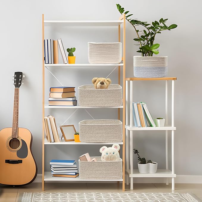 COMFY-HOMI 13" x 8.5" x 5.1" Storage Baskets for Organizing | Cotton Rope Woven Basket | Toy Storage Bin Box | Basket for Shelves, Closet Organizer Bin, Decorative Closet Shelf, 3 Pack