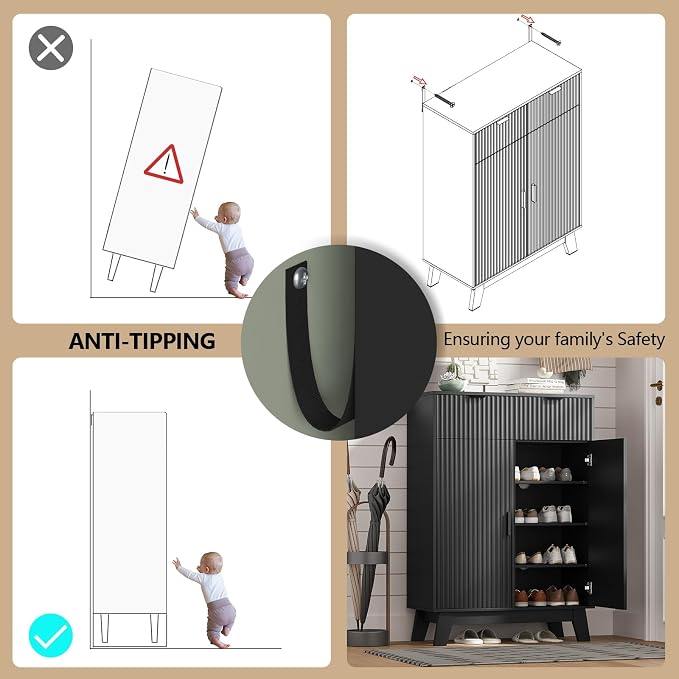 HUANLEGO Shoe Cabinet Storage for Entryway with Doors, Black | 4 Tier Fluted Shoe Organizer with 2 Drawers, Shoe Storage with Adjustable Shelves, Freestanding Hidden Shoe Rack for Entryway