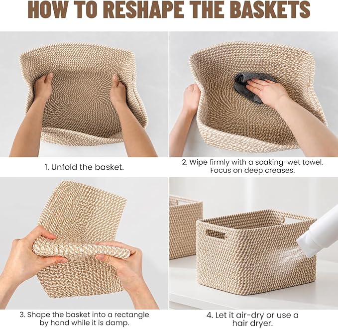 5 Pack Woven Storage Baskets for Shelves, Decorative Basket Organizer Storage Bins for Toys, Books, Clothes, Closet, Nursery, Bathroom – Cotton Rope Shelf Baskets for Organizing and Decor, Khaki