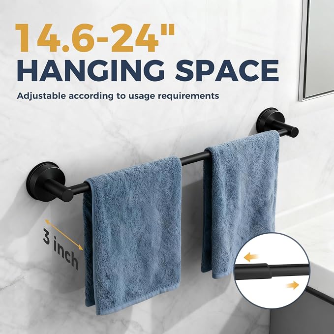 14.6inch~24inch Towel Racks for Bathroom,Adjustable Suction Cup Towel Bar for Bathroom Wall,Stainless Steel Bath Towel Holder for Shower,2 Pack(Matte Black)
