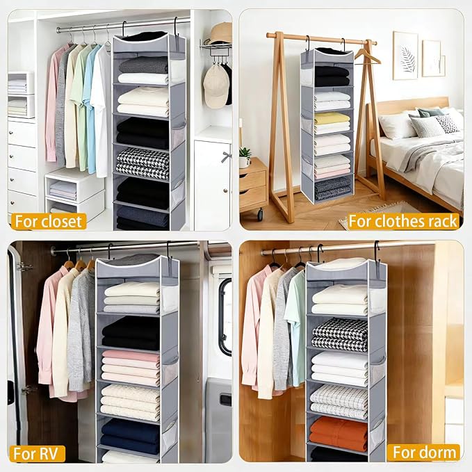 6-Shelf Hanging Closet Organizer and Storage with 6 Side Pockets, Collapsible Closet Hanging Shelves for Storage, Grey