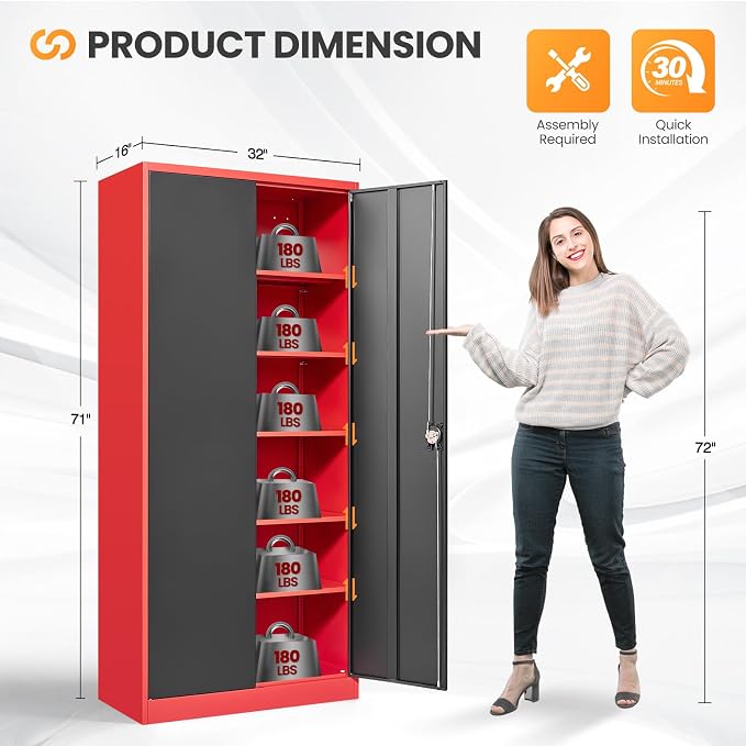 Metal Garage Storage Cabinets with Lock, 71" Tall Tool Cabinet with 2 Door and 5 Adjustable Shelves, Locking Garage Cabinets and Lockable Steel Locker for Home Office Warehouse-(Red Black-71”H)